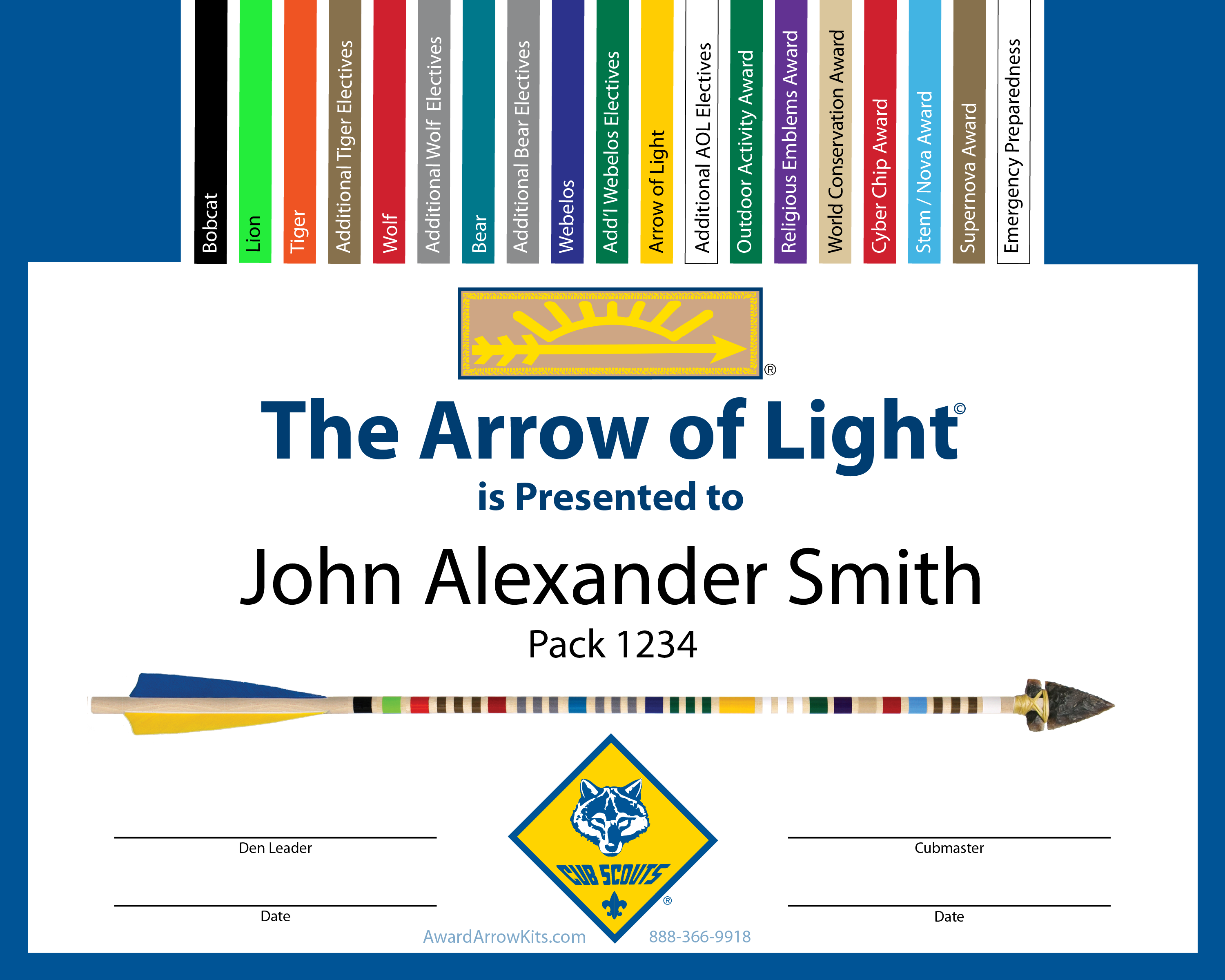 Print free full color 8.5 x 11 Arrow of Light Certificates.